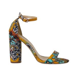 JustFab Salona Cylinder Mustard Multicolor Floral Block Heels Sandals Size 7.5